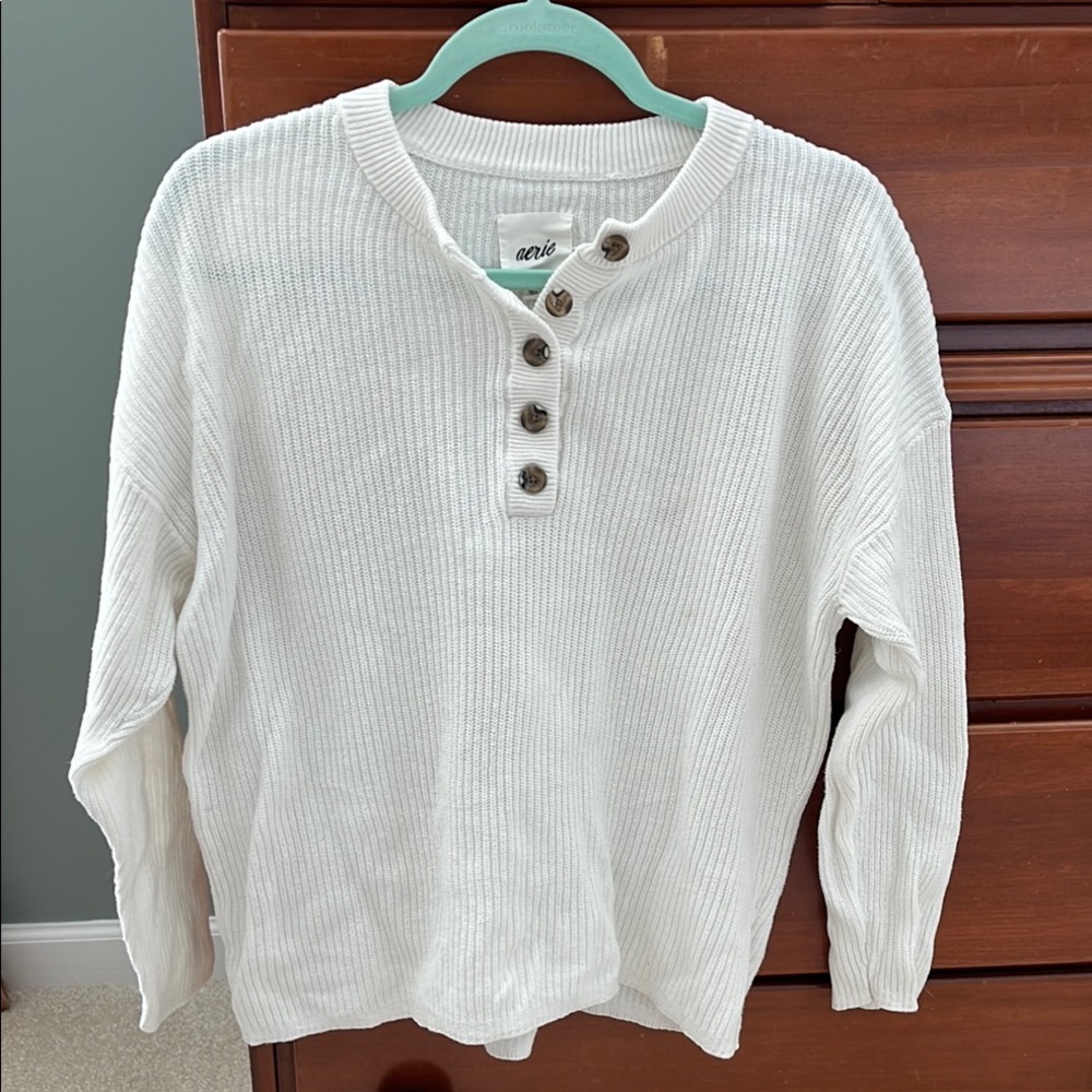 Aerie White Crew Neck Sweater with Textured Knit